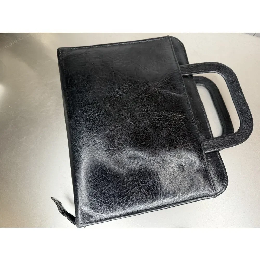 Vintage Full Grain Leather Planner Classic Black Handles Full Zip Organizer